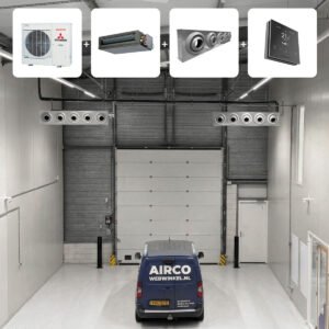 Mitsubishi 14 kW kanaalunit met Industriële uitblaas unit voor bedrijfshallen