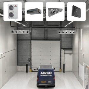 Mitsubishi 20 kW kanaalunit met Industriële uitblaas unit voor bedrijfshallen